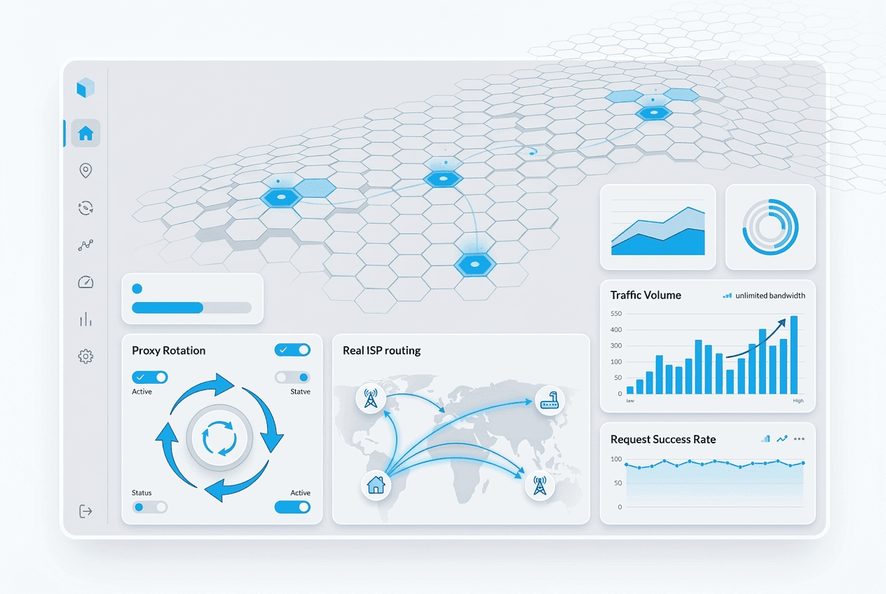 TrueProxies residential IPv6 proxies hero image showing rotating sessions, IPv6 pool access, real ISP routes, and unlimited bandwidth