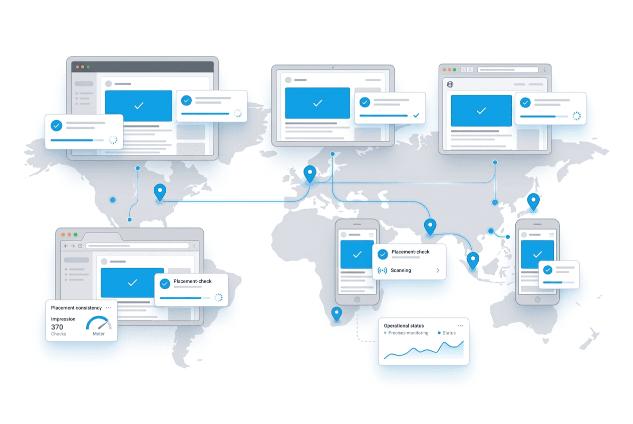 Ad verification proxy hero image showing placement checks, geo matching, and continuous monitoring