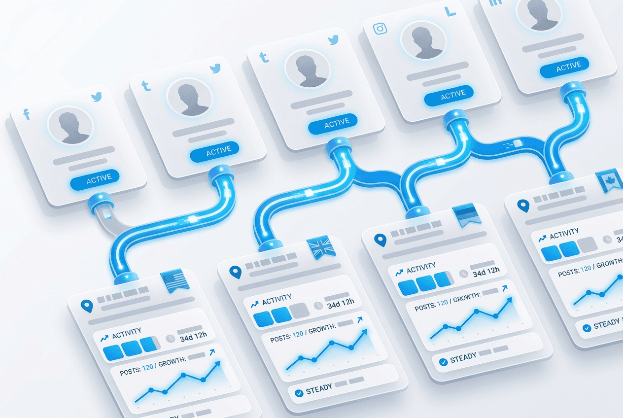 Social media management proxy hero image showing one residential IP identity per account